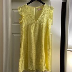 Pink Lily  Sz M bright yellow eyelet romper dress. Lined with shorts underneath.